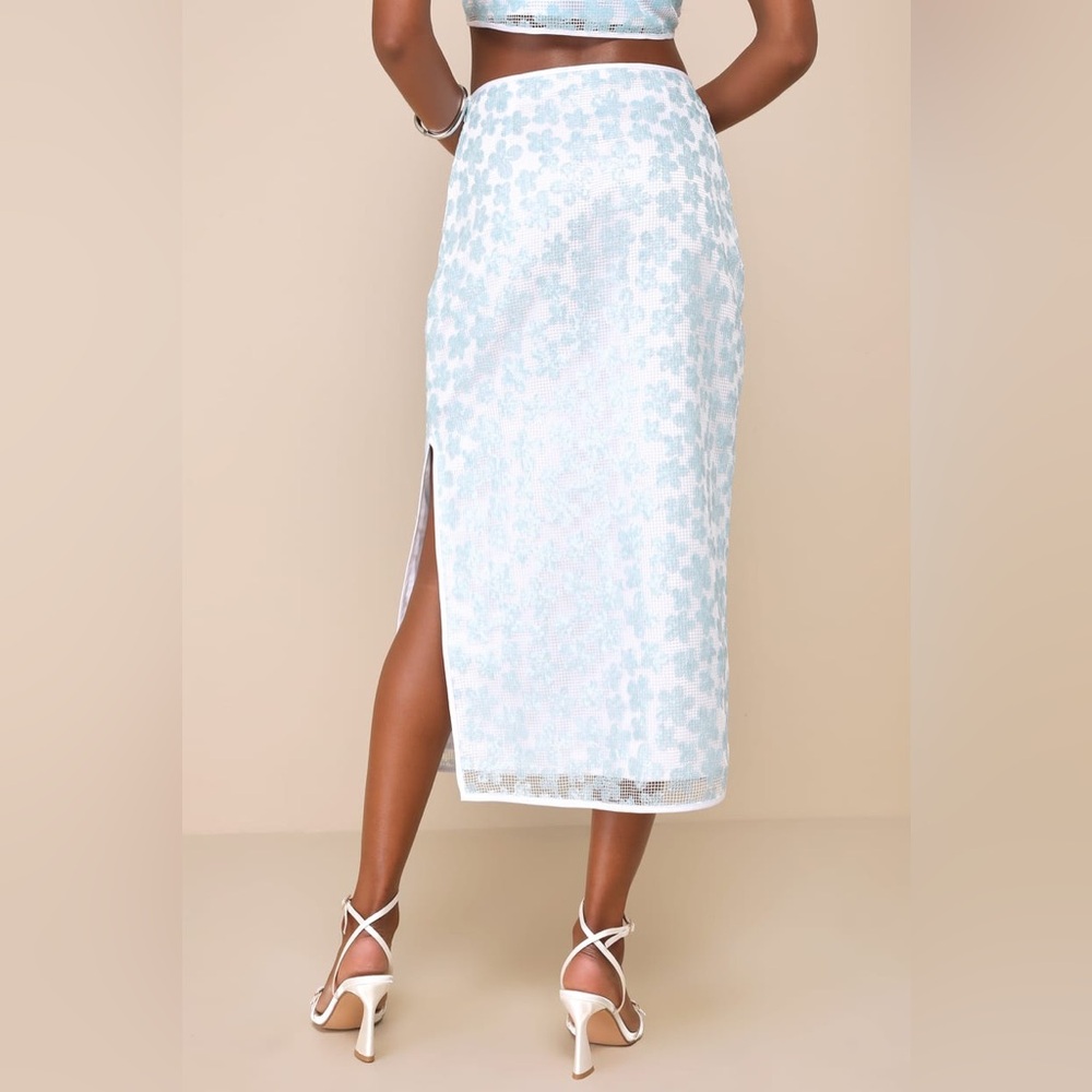 Lulu’s Blue and White Floral Sequin Formal Midi Skirt